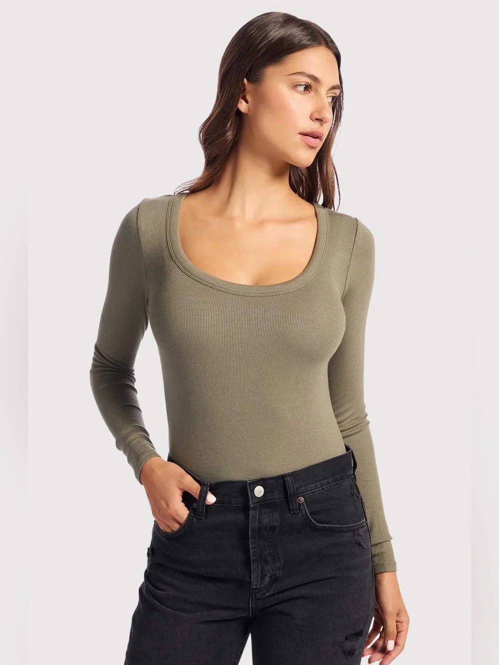 nuuds Slinky Rib Long Sleeve Bodysuit in Olive Size Medium